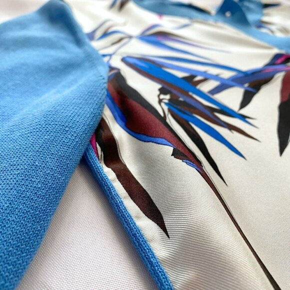 EMILIO PUCCI BLUE KNIT WHITE SATIN LEAF PRINT COMBO CARDIGAN - XS - Picture 6 of 8